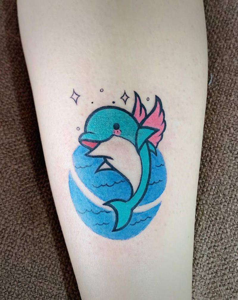 海豚纹身图片_腿部水彩纹身图案