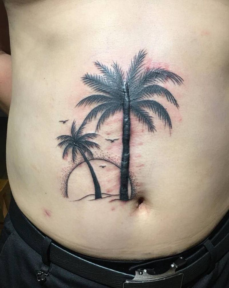 遮盖疤痕纹身图片_腹部老传统纹身图案