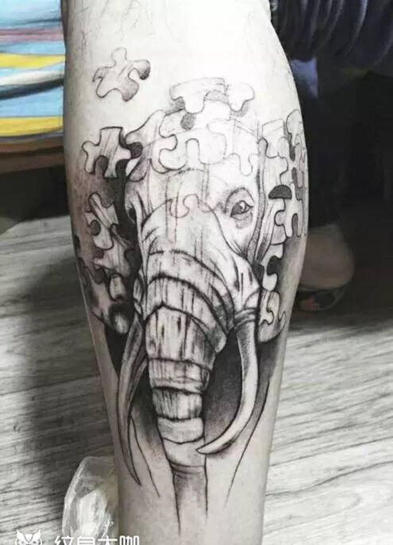 大象纹身图片_腿部纹身图案