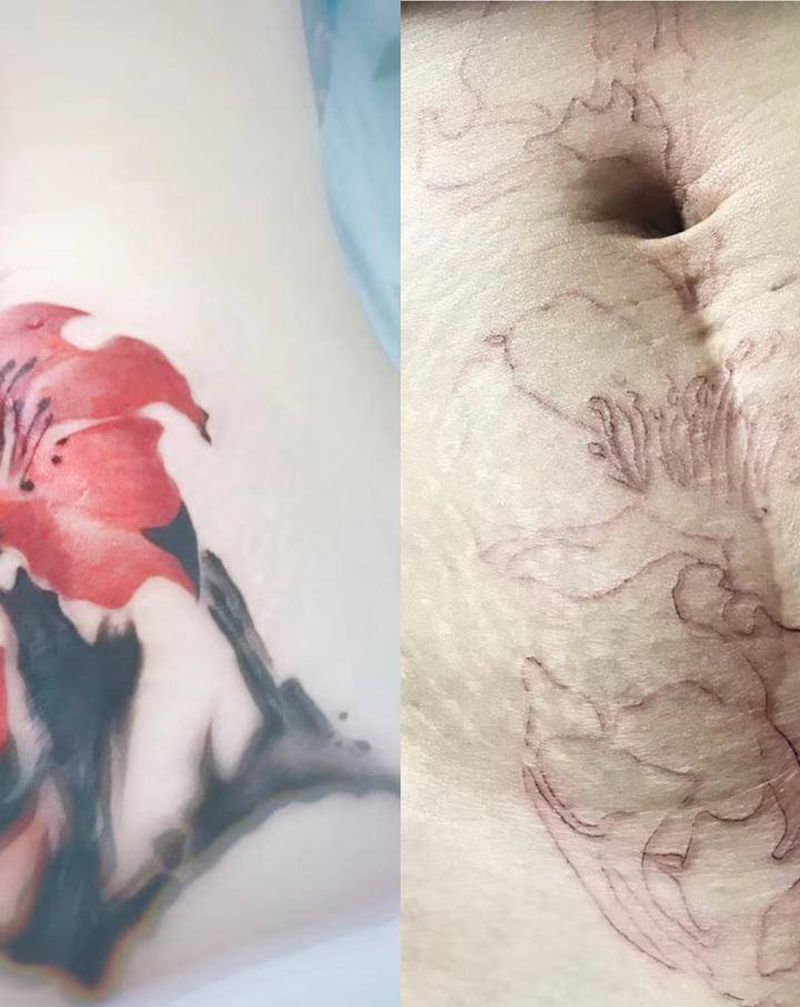 遮疤纹身图片_腹部水墨纹身图案