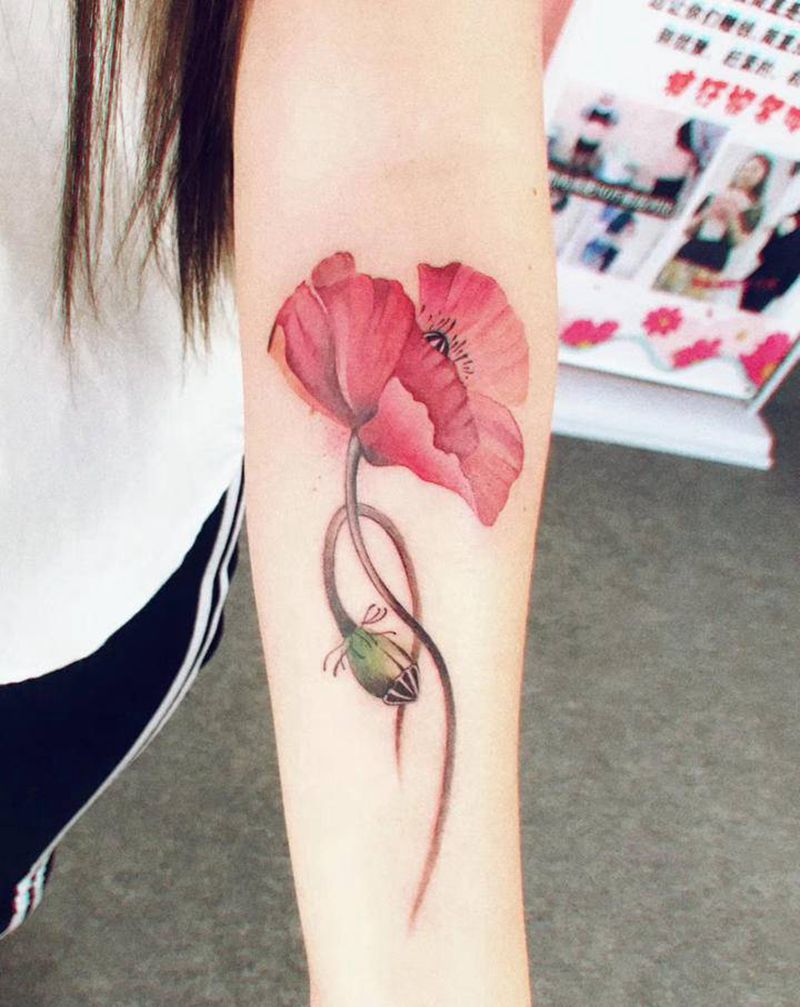 罂粟纹身图片_手臂水彩纹身图案