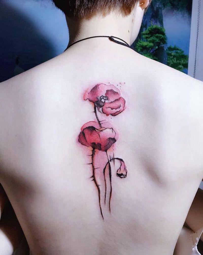 罂粟纹身图片_背部水墨纹身图案