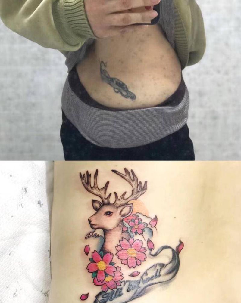 鹿（修改）纹身图片_腰部New School纹身图案