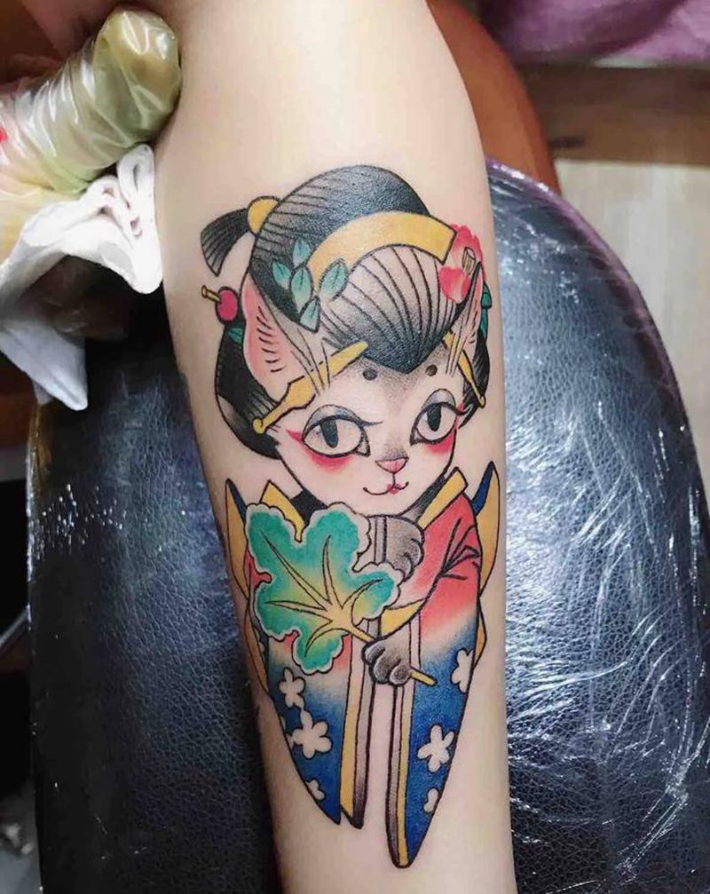 艺妓（猫）纹身图片_手臂新传统纹身图案