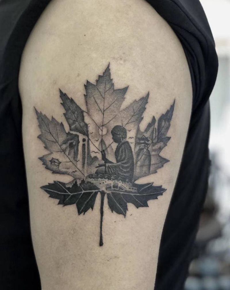 一叶纹身图片_手臂新传统纹身图案