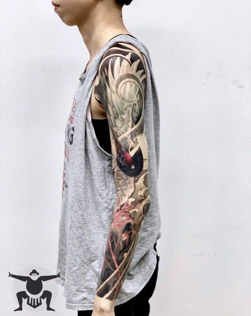 仙鹤  花臂纹身图片_手臂新传统纹身图案