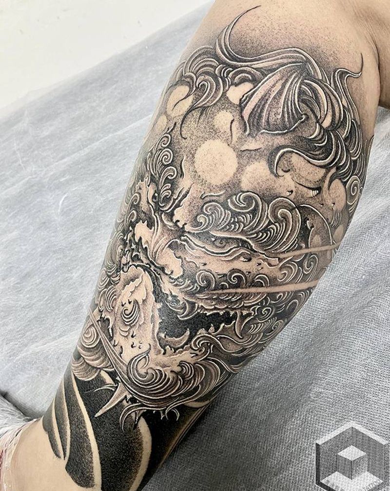 唐狮纹身图片_腿部新传统纹身图案