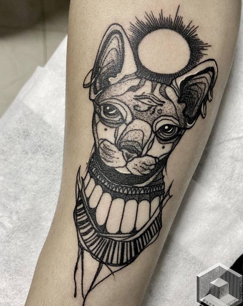 点刺线条类司芬克斯纹身图片_手臂点刺几何纹身图案