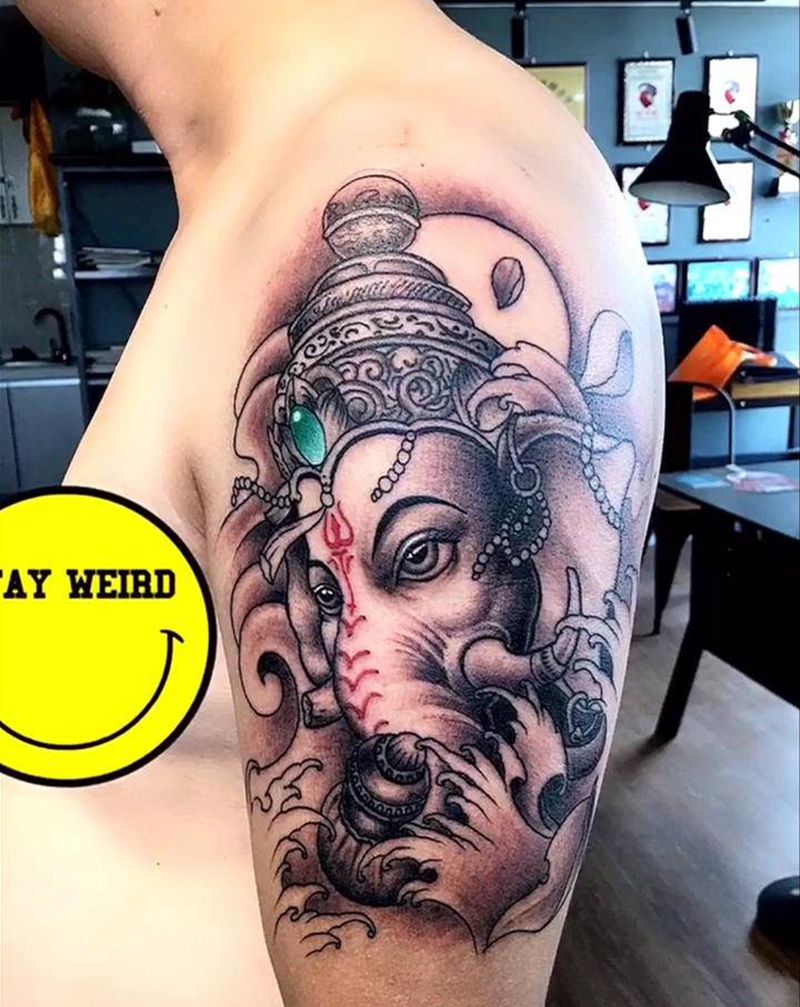 招财象纹身图片_手臂老传统纹身图案