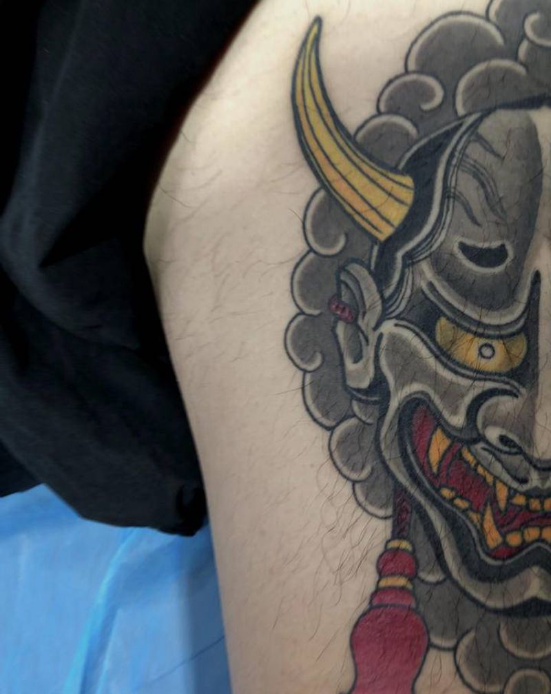 般若纹身图片_腿部老传统纹身图案