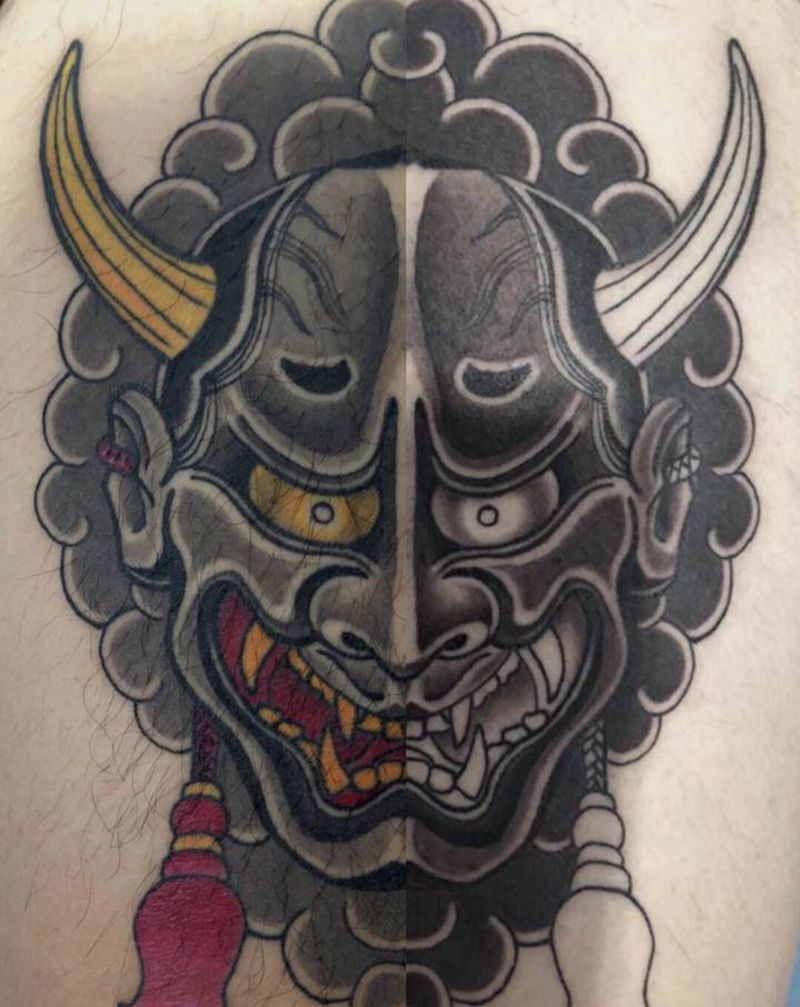 般若纹身图片_腿部老传统纹身图案