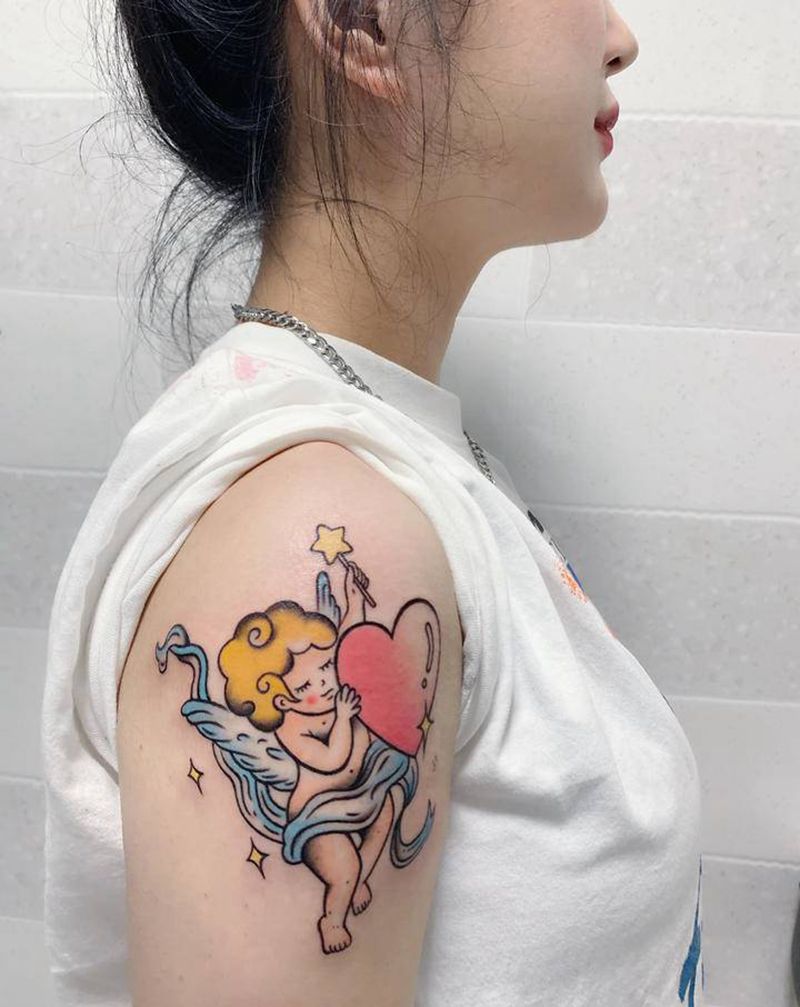 小天使纹身图片_手臂水彩纹身图案