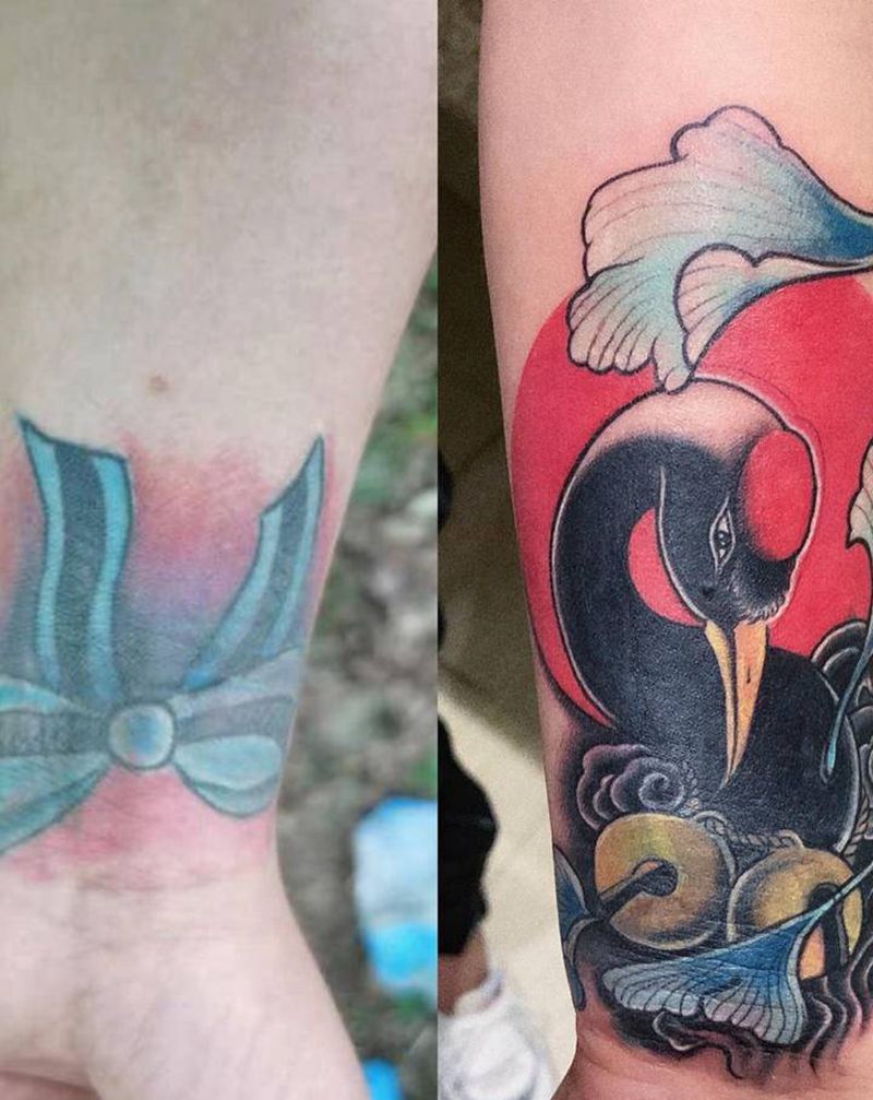 仙鹤（旧纹身遮盖）纹身图片_手臂水彩纹身图案