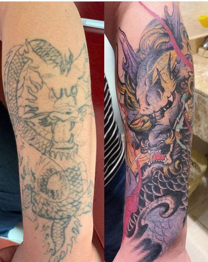 麒麟（旧纹身遮盖）纹身图片_手臂新传统水彩纹身图案