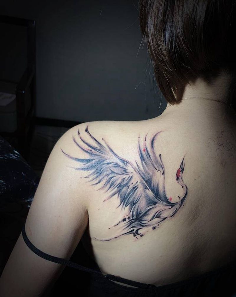 仙鹤纹身图片_背部水墨纹身图案