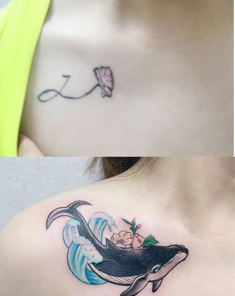 鲸鱼（遮盖）纹身图片_胸部水彩纹身图案