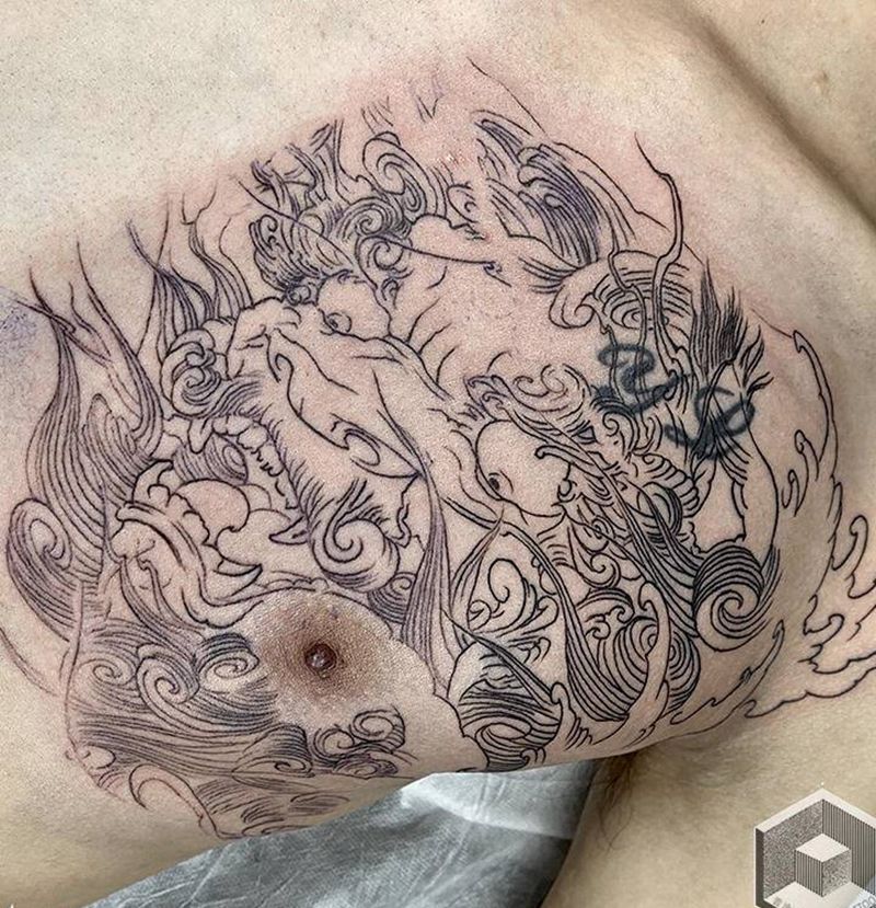 唐狮第一次线条部分纹身图片_胸部新传统纹身图案