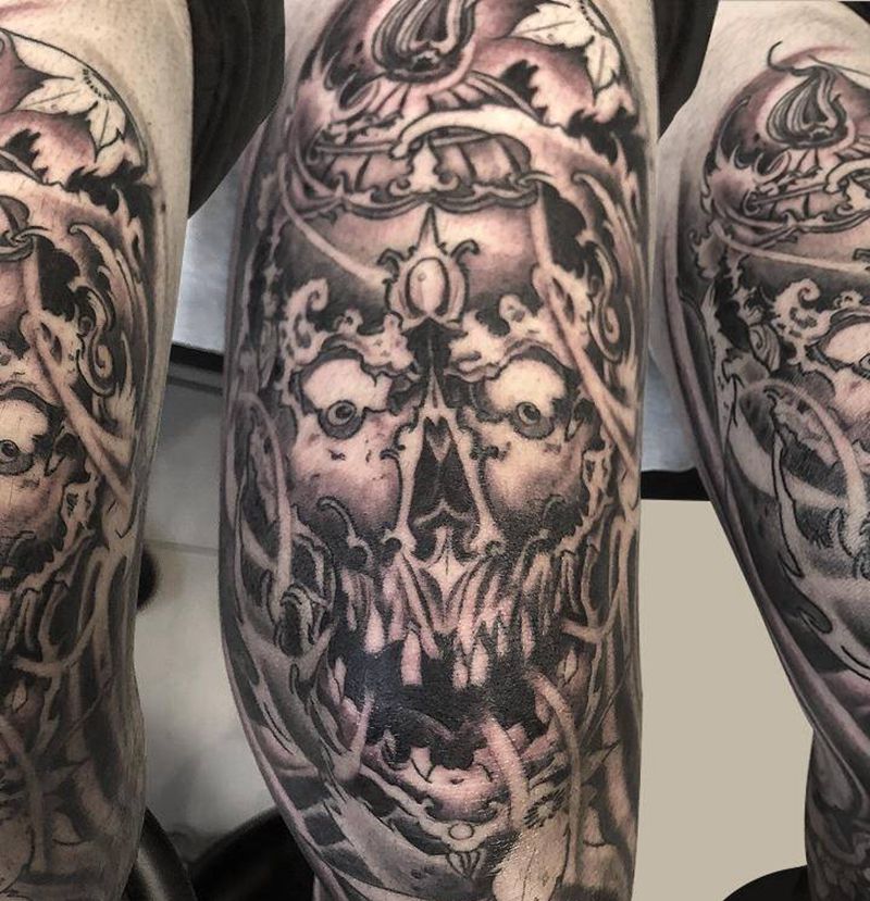 嘎巴拉黑灰部分纹身图片_腿部新传统纹身图案