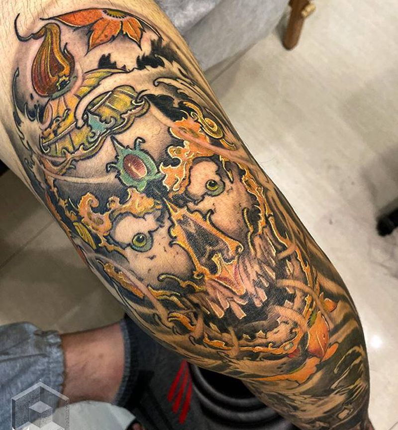 嘎巴拉彩色上色黑灰为恢复后纹身图片_腿部新传统纹身图案