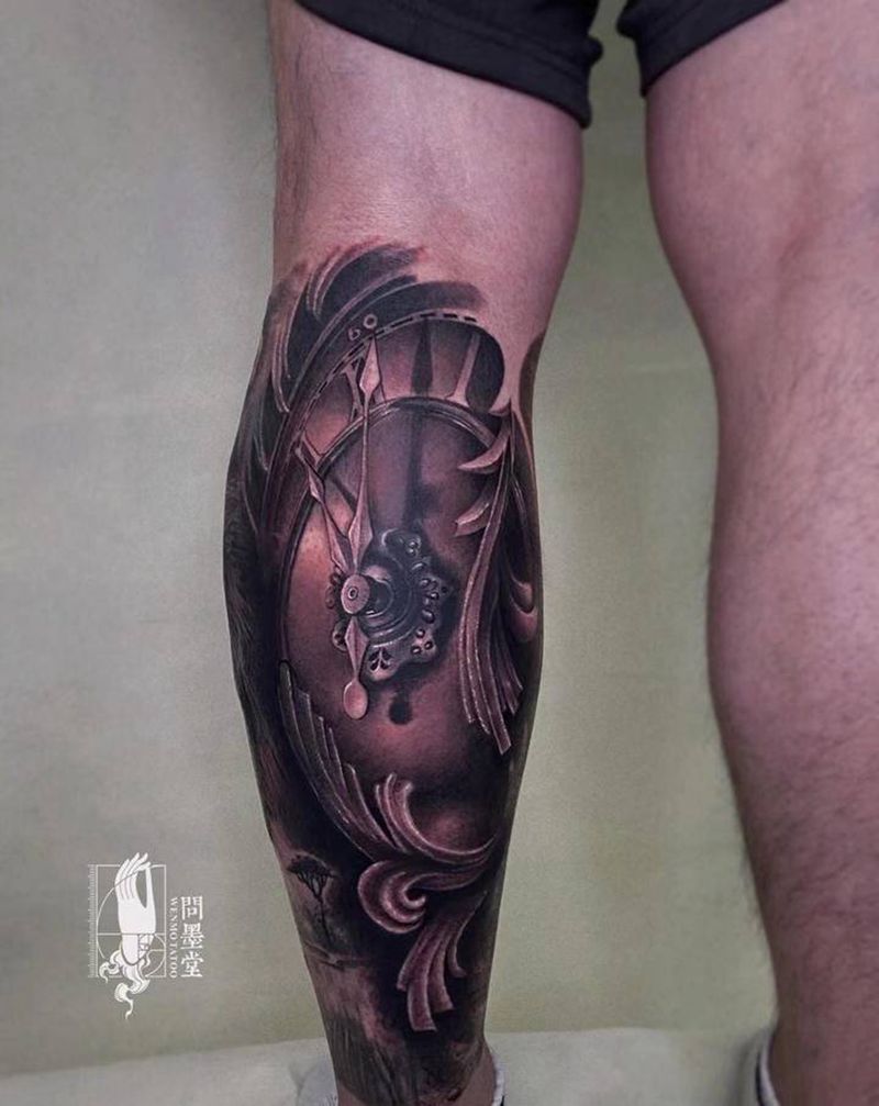 和时间赛跑纹身图片_腿部欧美写实纹身图案