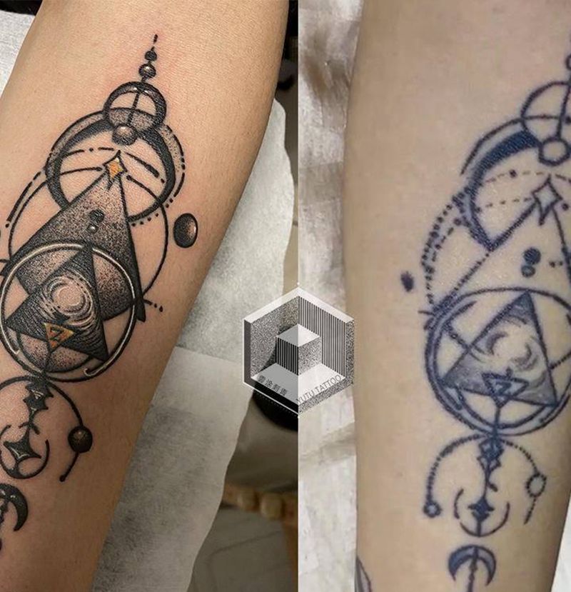 旧纹身翻新纹身图片_手臂点刺几何纹身图案