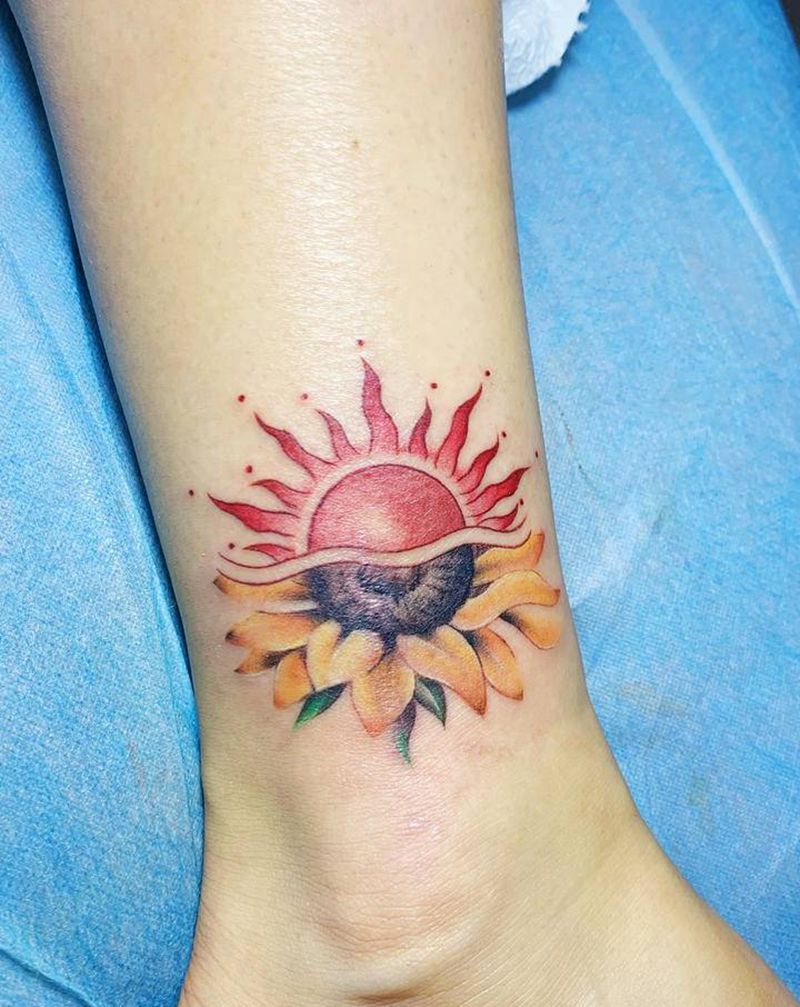 向日葵+太阳（疤痕遮盖）纹身图片_腿部水彩纹身图案