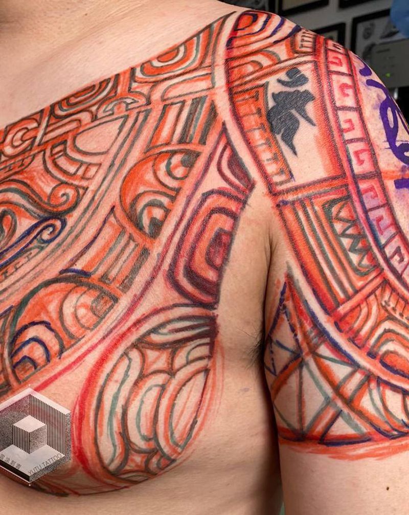 手绘设计图腾半甲纹身图片_胸部图腾纹身图案