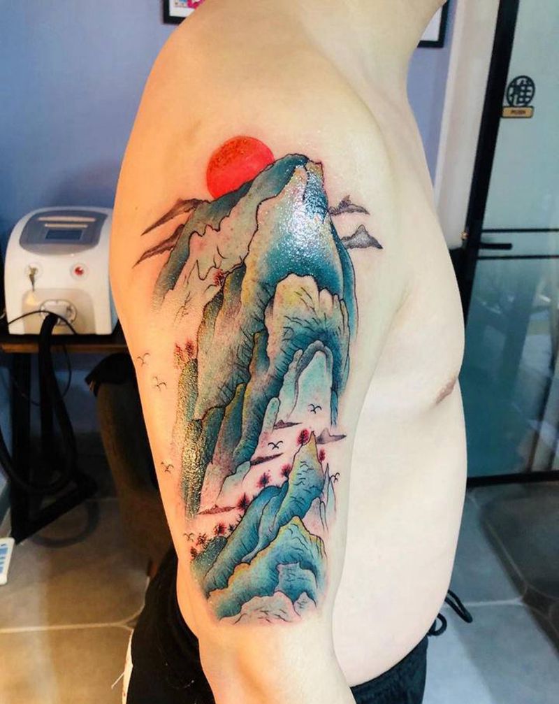 山水纹身图片_水墨纹身图案