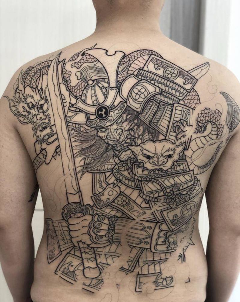 鬼武士  线条纹身图片_背部新传统纹身图案