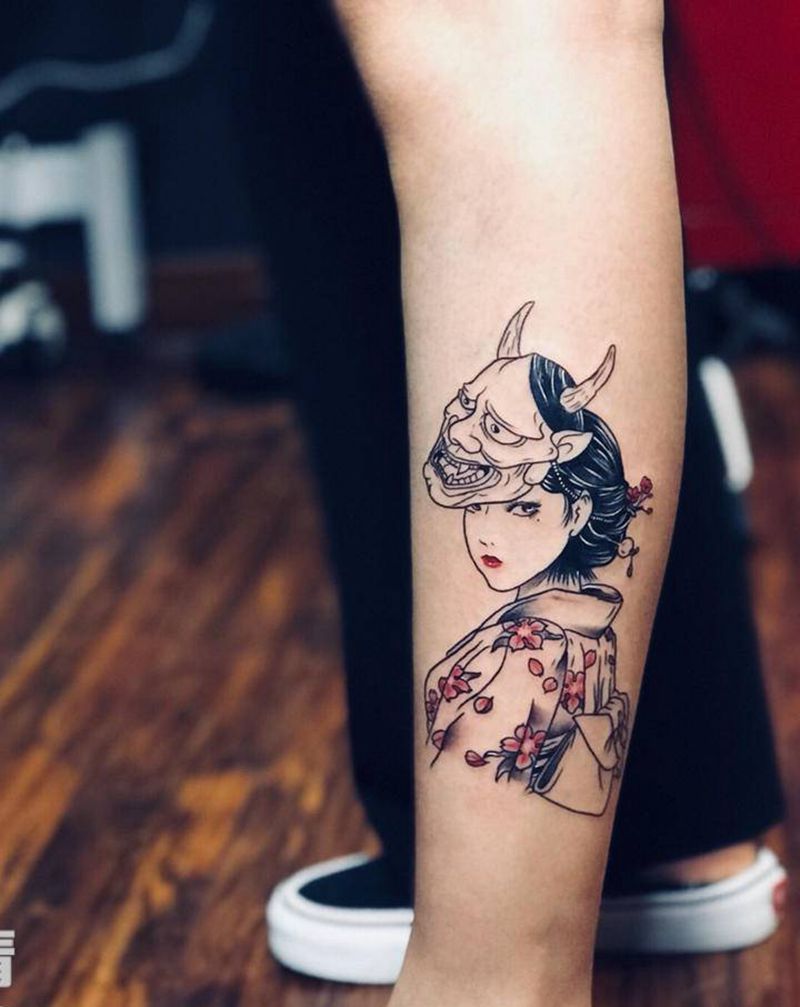 艺妓纹身图片_腿部新传统纹身图案