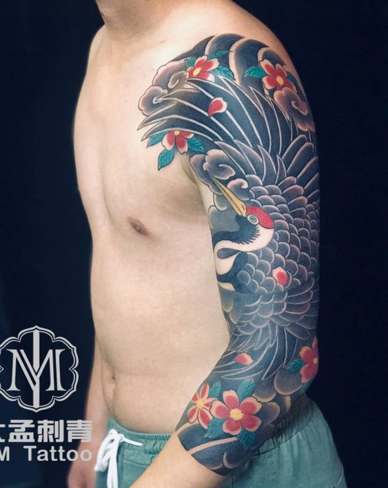 七分袖鹤纹身图片_手臂老传统纹身图案