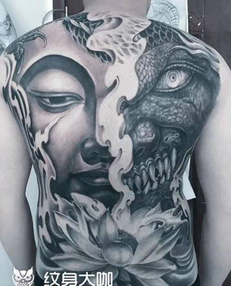 临摹阿明老师佛魔纹身图片_背部纹身图案
