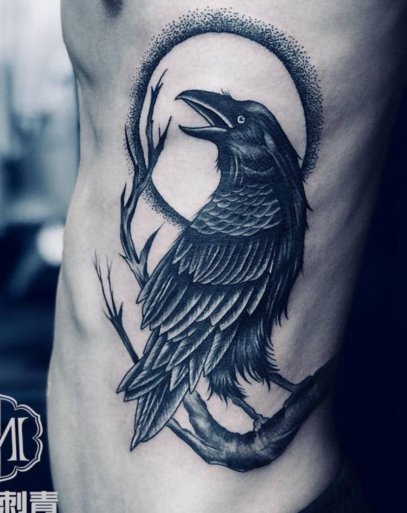 暗黑乌鸦纹身图片_腹部New School纹身图案