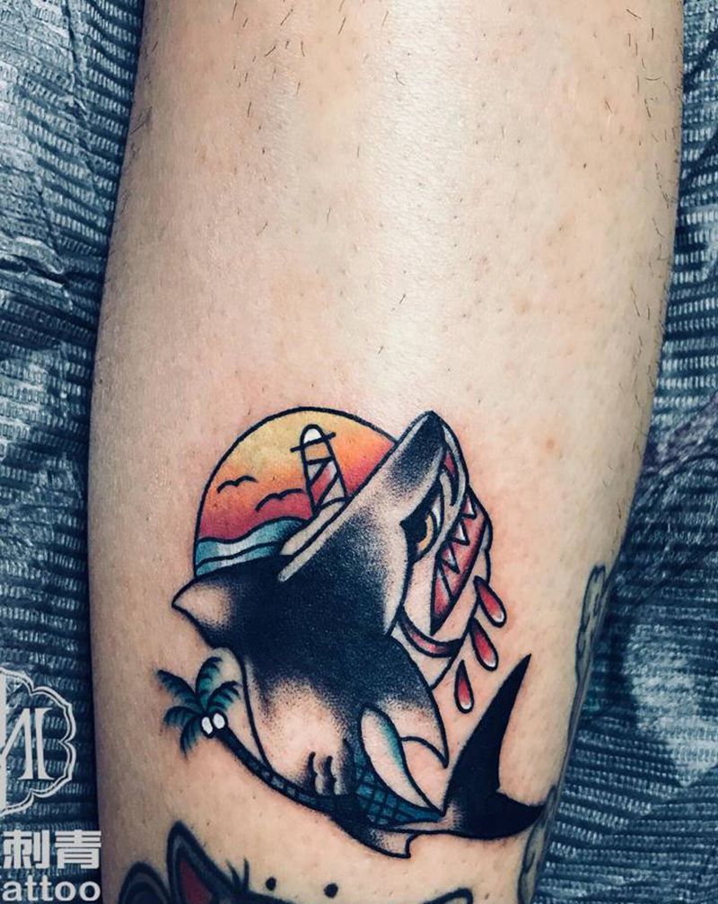 鲨鱼纹身图片_手臂Old School纹身图案