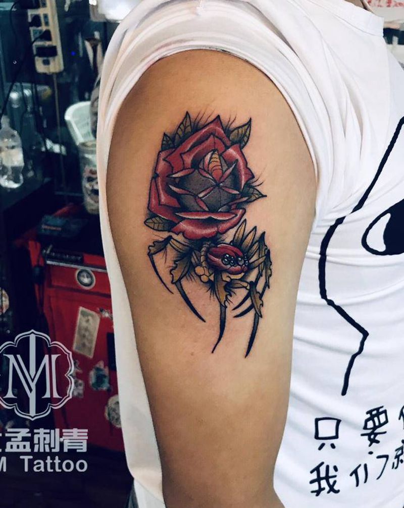 school玫瑰蜘蛛纹身图片_手臂Old School纹身图案