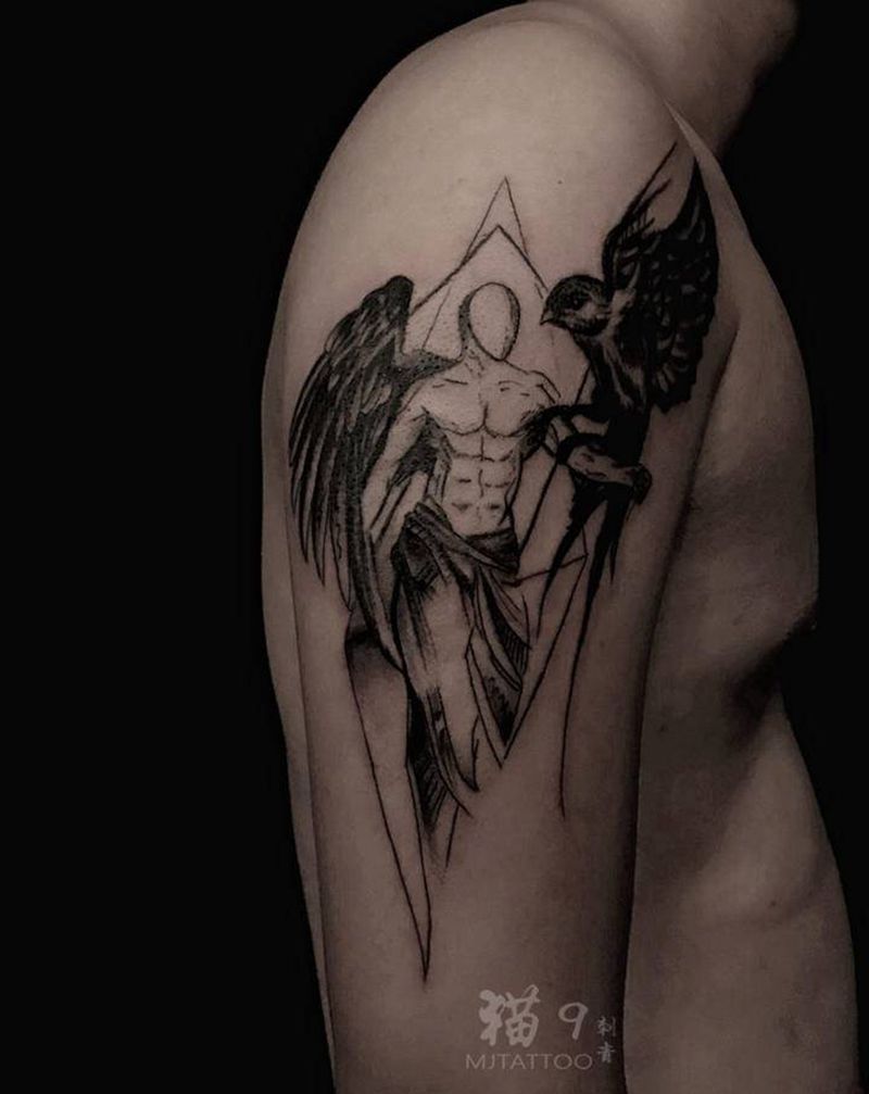 堕落天使纹身图片_手臂肩部New School新传统堕落天使纹身图案