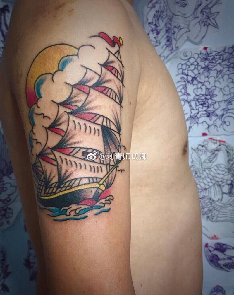 school帆船纹身图片_手臂Old School纹身图案