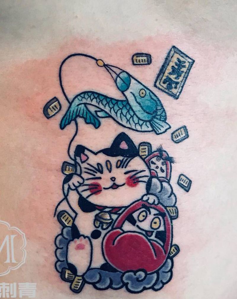 招财猫纹身图片_腹部Old School纹身图案