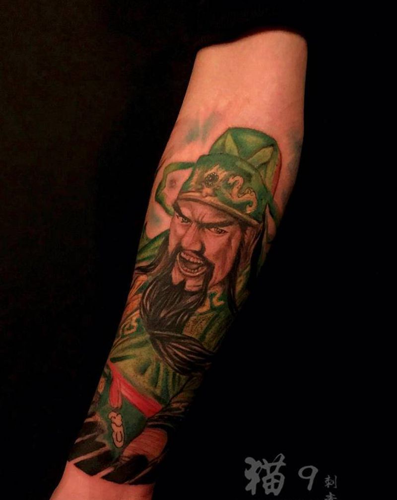 关羽纹身图片_手臂新传统水彩关羽关公关二爷纹身图案