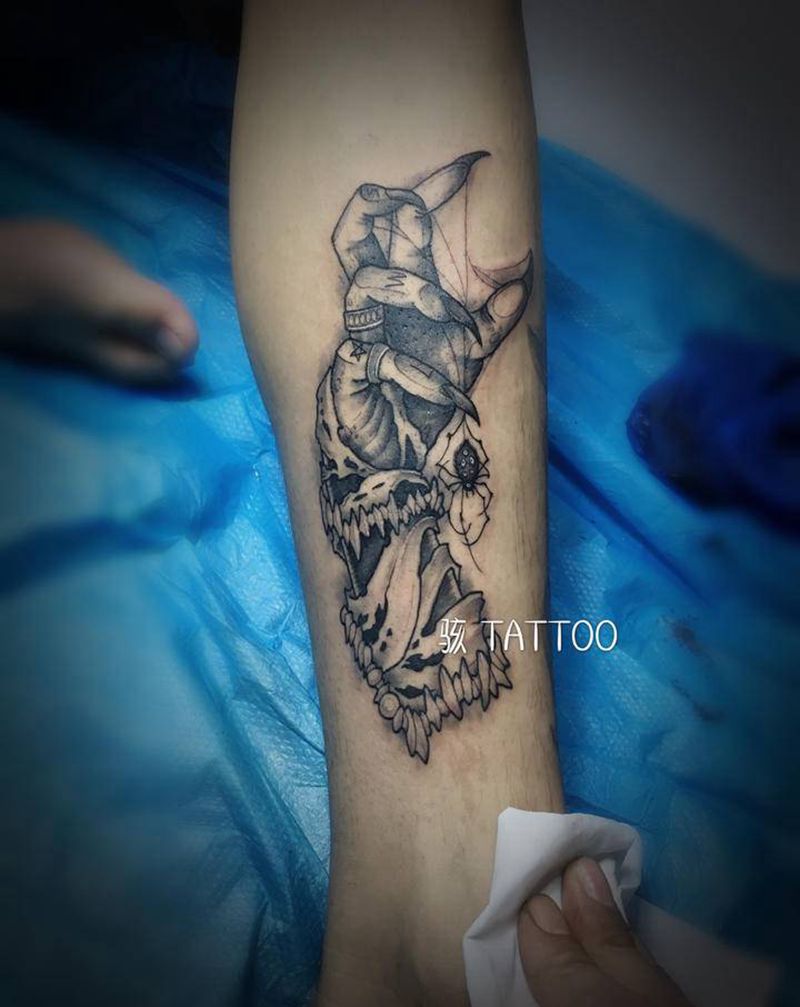 客人自带图纹身图片_腿部New School鬼手纹身图案