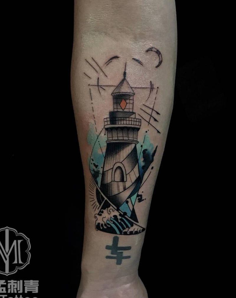 几何水彩灯塔纹身图片_手臂水彩几何纹身图案