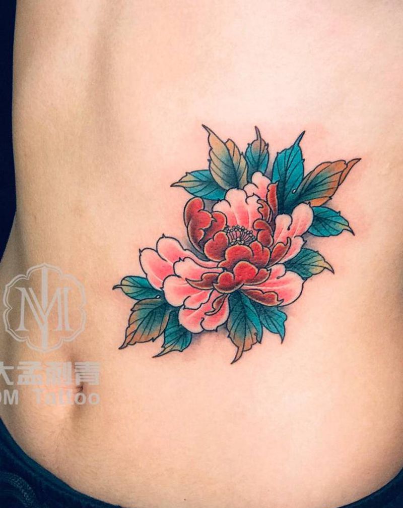 牡丹纹身图片_腹部新传统纹身图案
