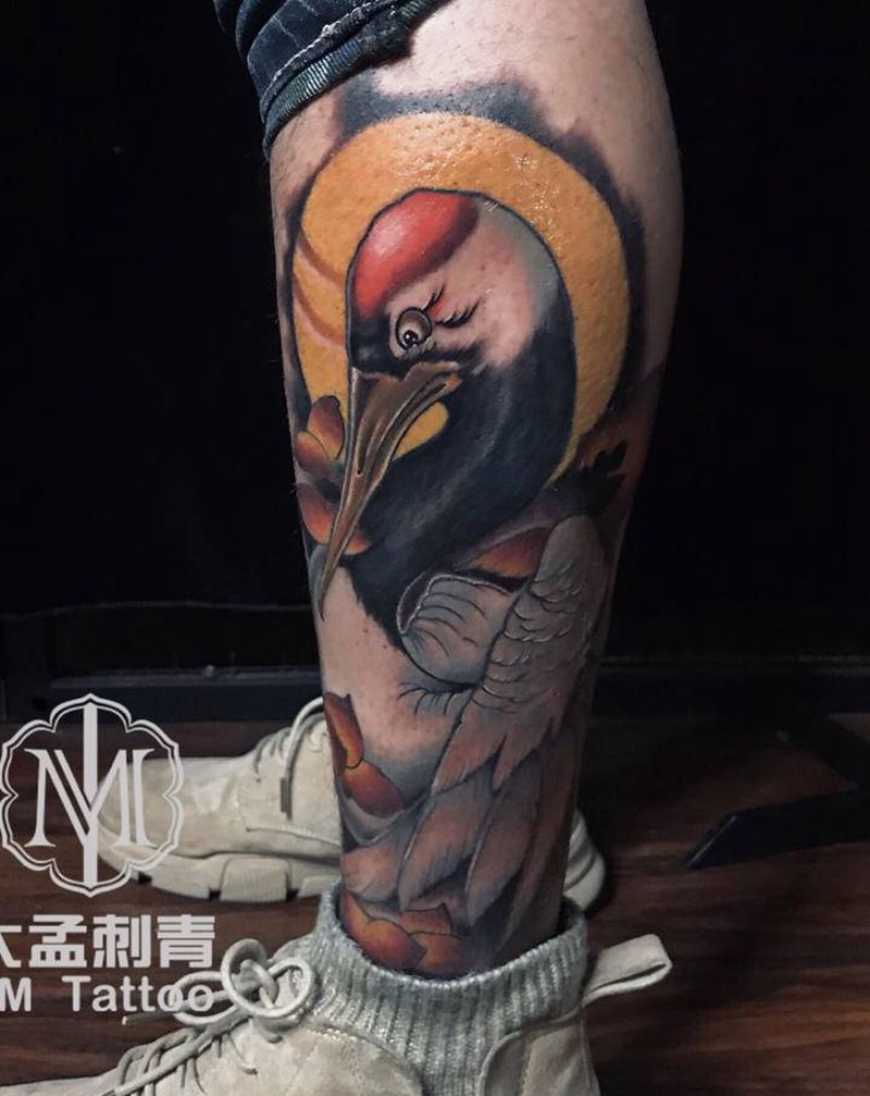 鹤纹身图片_腿部新传统纹身图案