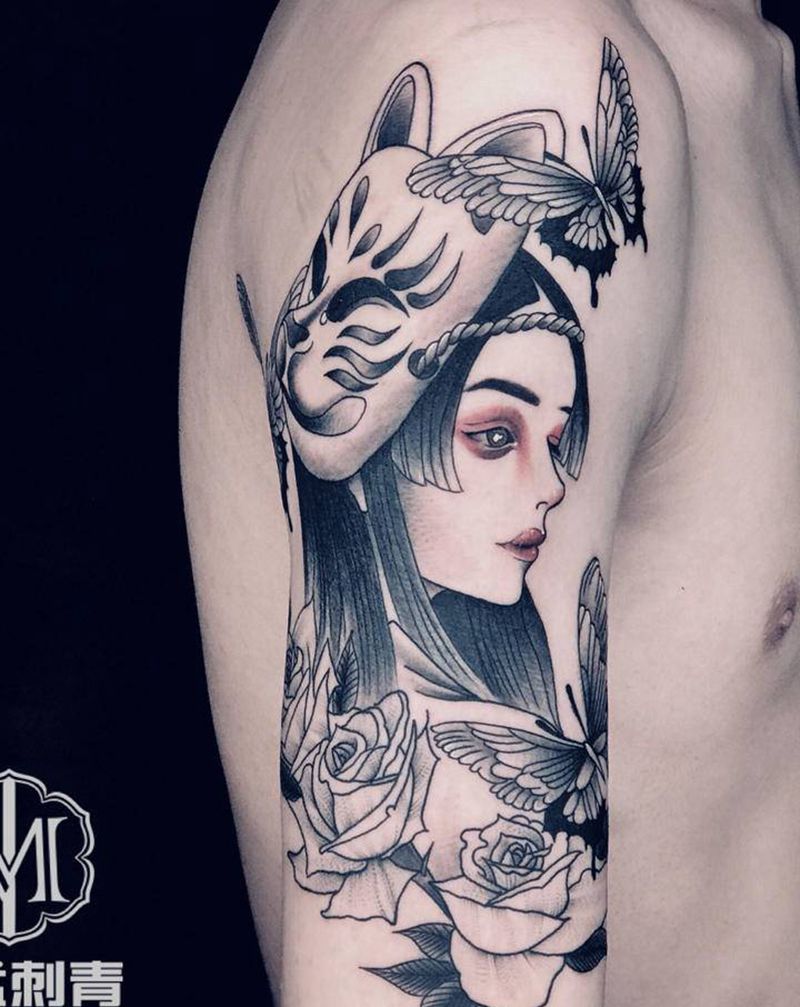 艺妓纹身图片_手臂新传统纹身图案