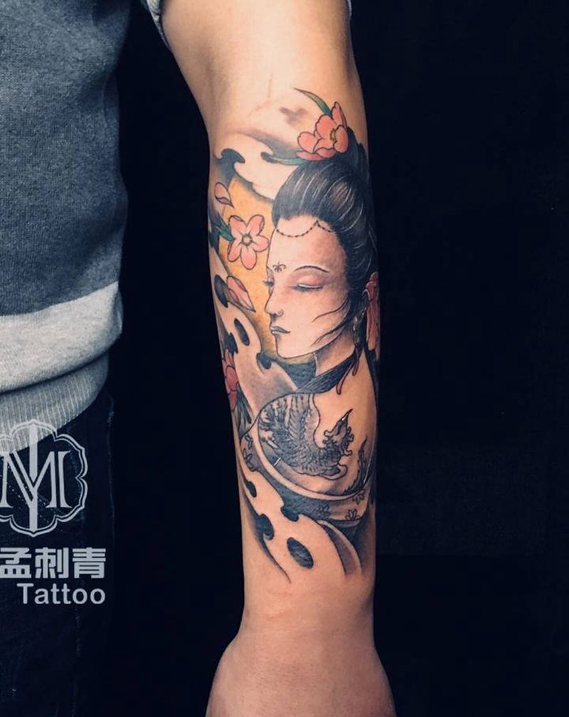 艺妓纹身图片_手臂新传统纹身图案