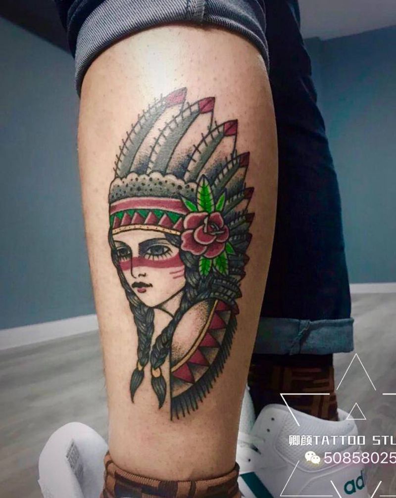 印第安女郎纹身图片_腿部Old School纹身图案