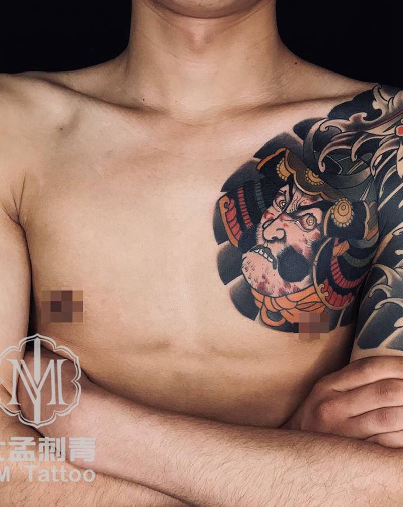 半甲纹身图片_手臂胸部老传统纹身图案