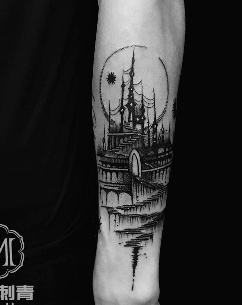 暗黑城堡纹身图片_手臂点刺纹身图案