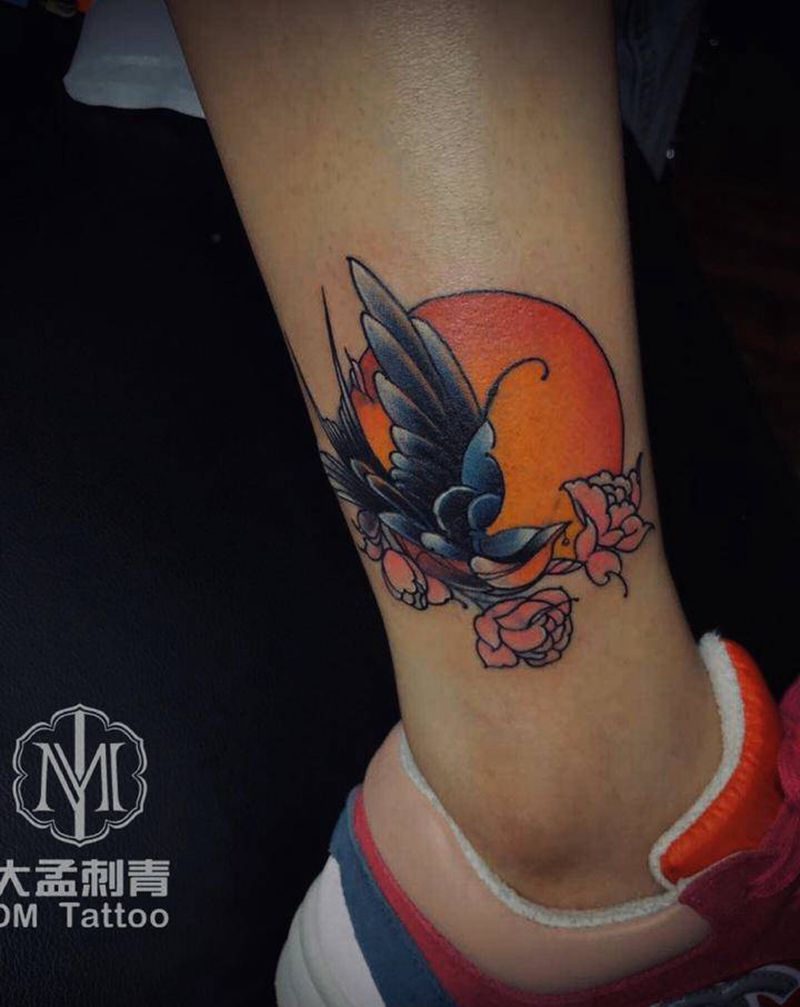 脚环遮盖纹身图片_腿部Old School纹身图案