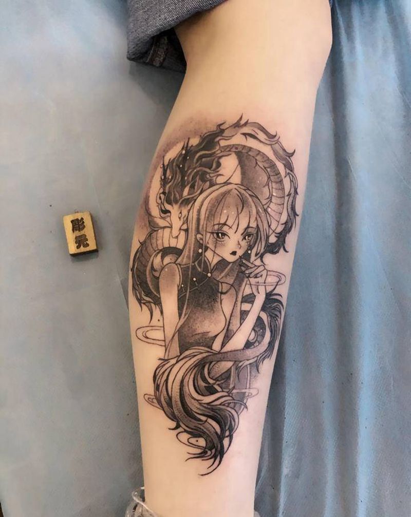 少女纹身图片_腿部New School点刺纹身图案